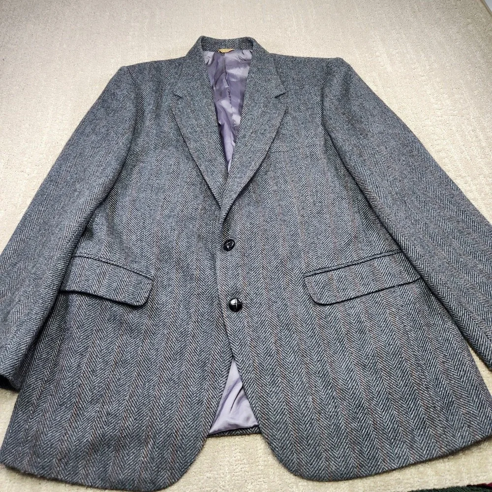 Vintage Herringbone Tweed Blazer Men 44L Leather Button Gray Wool‎ Sport Coat